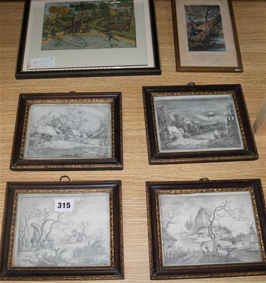 A set of four pencil sketches, country scenes, dated 1872 and two other 19th century prints largest print 14 x 20.5cm